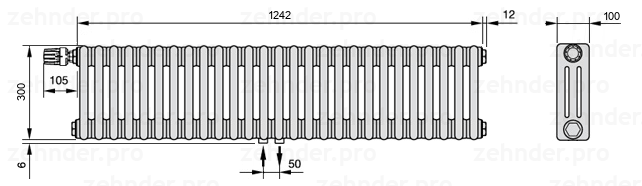 Схема (чертеж) Радиатор Zehnder Charleston 3030/27 №V007 Белый глянцевый RAL 9016